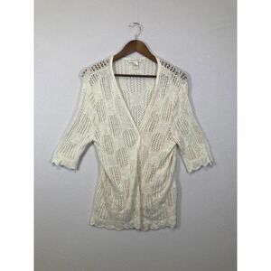 Christopher & Banks Cardigan Womens XL Cream Open Knit Pointelle Elbow Sleeve